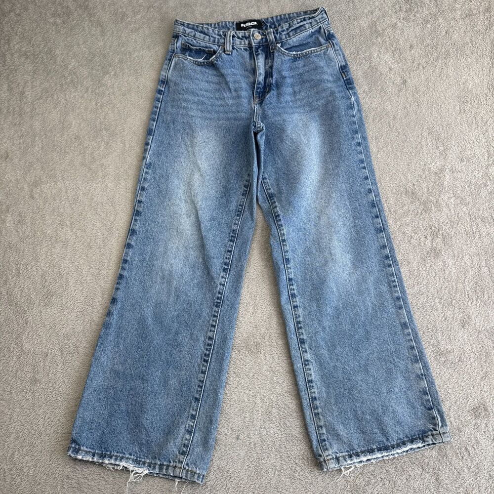 Rsq Extra Baggy Jeans Boys 16 Blue Denim Embroidery Medium Wash Wide Leg Zip Fly